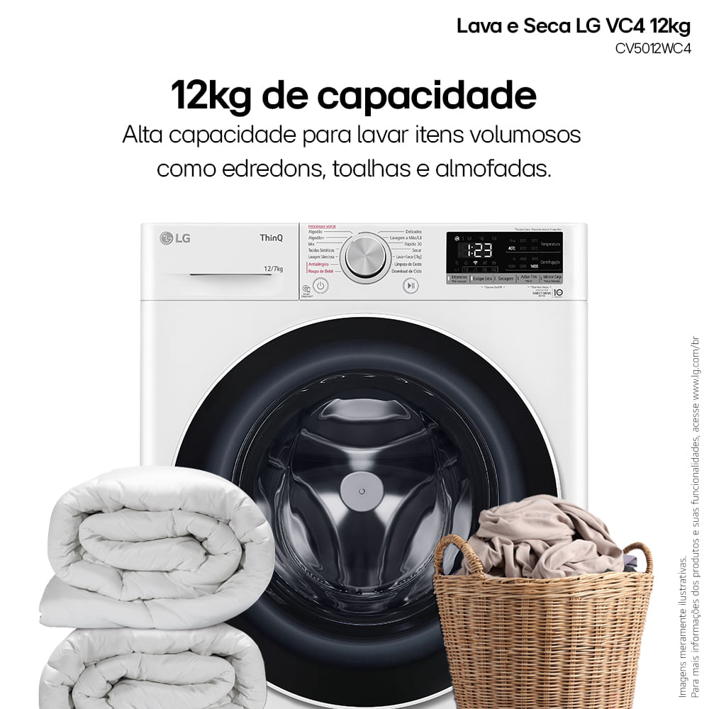Lava e Seca LG 12Kg Smart com Inteligência Artificial AIDD Branca VC4 CV5012WC4A - 220 Volts